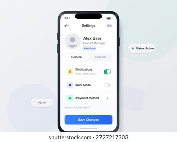 A tela de configurações no celular mostra as opções do usuário, como notificações, modo escuro e método de pagamento. Os detalhes do status e da versão da conta são exibidos claramente para o usuário.