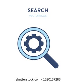 Settings search icon. Vector illustration of a magnifier tool with gear symbol inside. Represents concept of settings, maintenance service, fixing issues, technical problems, engineering