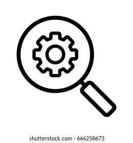 Settings search linear icon. Thick line illustration. Magnifying glass with cogwheel contour symbol. Vector isolated outline drawing