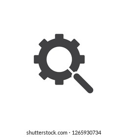 Settings search vector icon. filled flat sign for mobile concept and web design. Magnifying glass gear simple solid icon. Symbol, logo illustration. Pixel perfect vector graphics