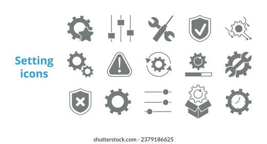 Settings, seput and updates Icons Set. Warning, slider, download, threat, defense, safe, tools, unzip, premium updates, shield vector illustration.
