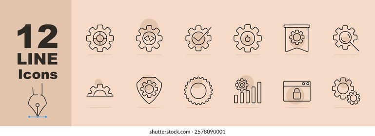 Settings set icon. Gear, code symbol, approval check, control toggle, flagged gear, cogwheel search, shield gear, system performance, graph cog, locked settings, workflow. Customization