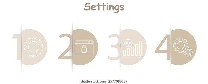 Settings set icon. Gear, lock, graph, tools, customization, security, adjustment, interface, technology, optimization.