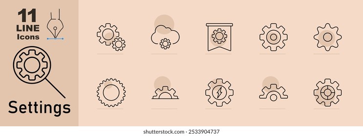 Settings set icon. Gear magnifier, large and small gear, cloud, banner, isolated gear, power gear, half, cog, lightning, mechanical.