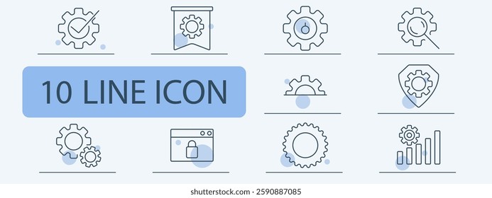 Settings set icon. Gear mechanism, optimization, security, maintenance, system update, configuration, data analysis, performance, browser safety, automation.