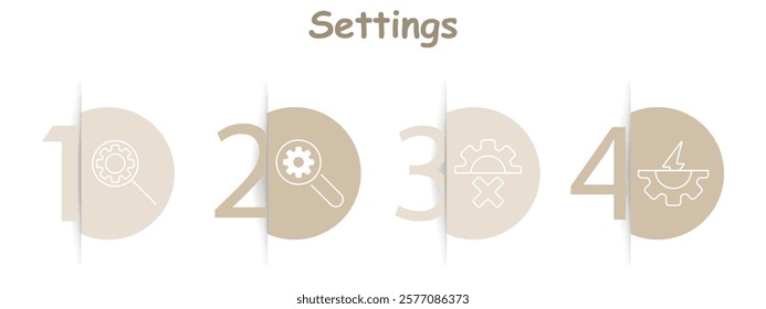 Settings set icon. Gear, search, adjustment, error, lightning, configuration, customization, tools, optimization, system.