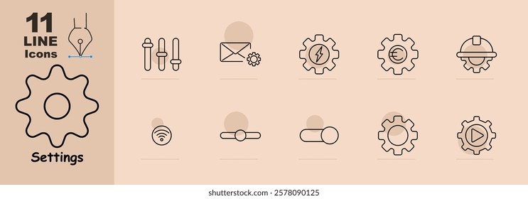 Settings set icon. Gear, sliders, envelope, electricity, currency, wifi, toggle, cogwheel, control. Represents system and app customization options