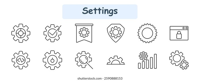 Settings set icon. Gear, system check, banner, shield, web security, coding, power control, search, optimization, statistics, customization, automation.