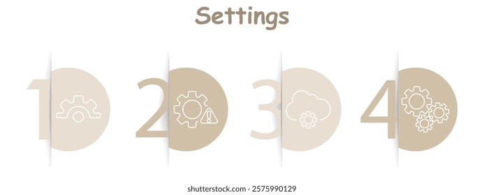 Settings set icon. Gear, gear with warning triangle, cloud with gear, multiple gears, system configuration, cloud management, troubleshooting, optimization