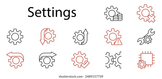 Settings set icon. Gear, wrench, cog, tools, configuration, system, preferences, options, repair, adjustment, customization, maintenance, setup, interface, software, optimization, hardware.