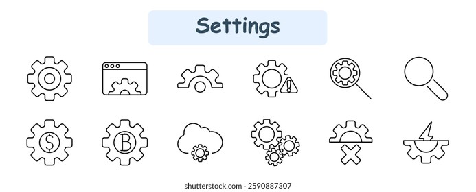 Settings set icon. General, browser configuration, gear adjustment, warning settings, magnifying glass, financial settings, Bitcoin, cloud control, automation, troubleshooting.