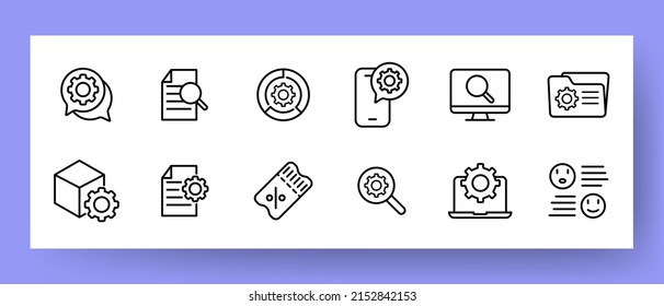 Settings set icon. Help, support, search, magnifier, discount, coupon, gear, reviews, app development, etc. Setup concept. Vector line icon for Business and Advertising