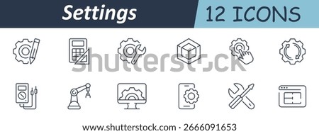 Settings set icon. Line gears with tools, pencils, wrenches, rulers, cubes, screens, phones, industrial arms, meters, interfaces, and configuration symbols