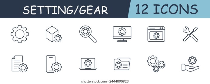 Settings set line icon. Box, options, monitor, search, magnifying glass, key, screwdriver, smartphone, laptop. 12 line icon. Vector line icon for business and advertising