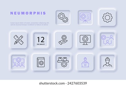 Einstellungen Zeilensymbol festlegen. Ausrüstung, Buch, Lineal, Bleistift, Monitor, Helm, Arbeiter. In: Neomorphism Style. Vektorliniensymbol für Unternehmen und Werbung