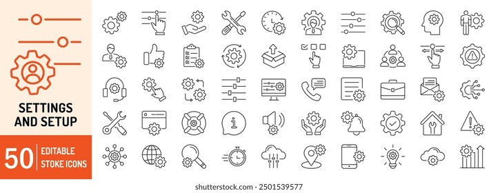 Settings and Setup editable stroke outline web icons set. Settings, adjustments, control, productivity, setup, options, preferences, configuration and customization. Vector illustration