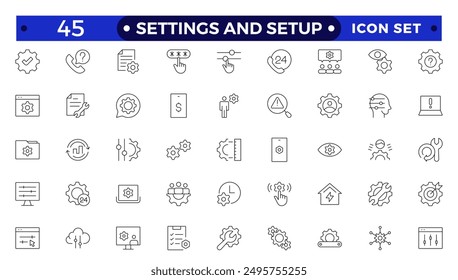 Settings and setup icon set. Containing options, configuration, preferences, adjustments, operation, gear, control panel, equalizer, optimization and setup icons. Thin line icon collection.
