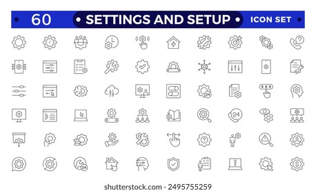 Configuraciones y conjunto de iconos de configuración. Contiene opciones, configuración, preferencias, ajustes, operación, engranaje, panel de control, ecualizador, optimización e iconos de configuración. Icono de línea fina colección.
