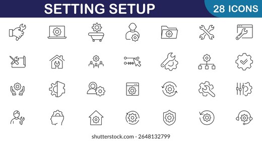 Configurações e o conjunto de ícones de Configuração. Contendo opções, logotipo, ferramentas, ajustes, configuração, preferências, engrenagem, interface do usuário e muito mais. Traçado editável. Ilustração vetorial.