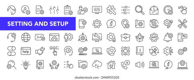 Settings and setup icon set with editable stroke. Setting and setup thin line icon collection. Vector illustration