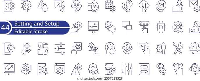 Settings and setup icon set with editable stroke. Setting and setup thin line icon collection