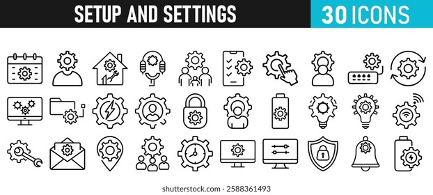 Settings and setup icon set. Setup icons for web and mobile app in liner style. Settings, setup, fix, maintenance, update, options, control, solution Vector illustration