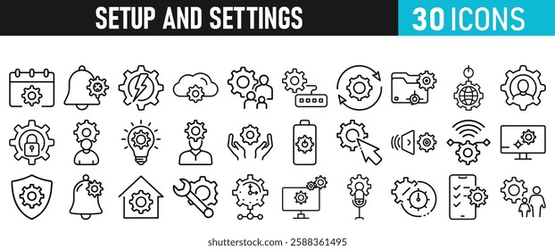 Settings and setup icon set. Setup icons for web and mobile app in liner style. Settings, setup, fix, maintenance, update, options, control, solution Vector illustration