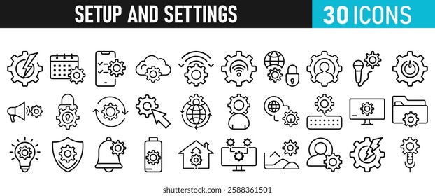 Settings and setup icon set. Setup icons for web and mobile app in liner style. Settings, setup, fix, maintenance, update, options, control, solution Vector illustration