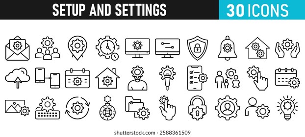Settings and setup icon set. Setup icons for web and mobile app in liner style. Settings, setup, fix, maintenance, update, options, control, solution Vector illustration