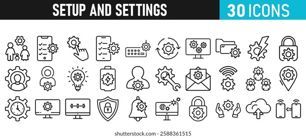 Settings and setup icon set. Setup icons for web and mobile app in liner style. Settings, setup, fix, maintenance, update, options, control, solution Vector illustration