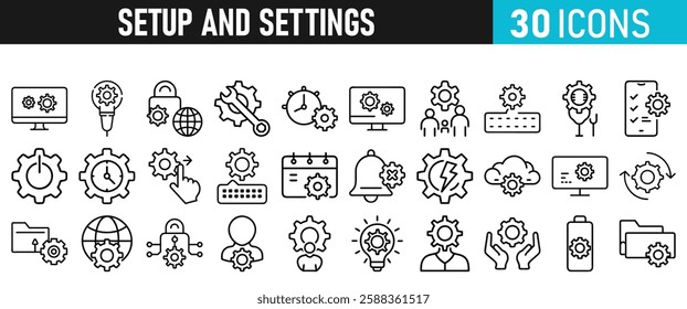 Settings and setup icon set. Setup icons for web and mobile app in liner style. Settings, setup, fix, maintenance, update, options, control, solution Vector illustration