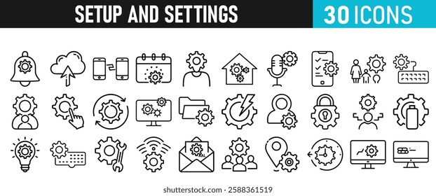 Settings and setup icon set. Setup icons for web and mobile app in liner style. Settings, setup, fix, maintenance, update, options, control, solution Vector illustration