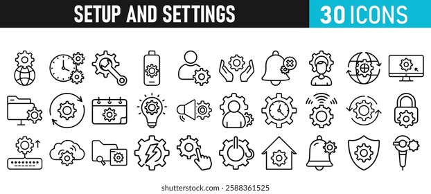 Settings and setup icon set. Setup icons for web and mobile app in liner style. Settings, setup, fix, maintenance, update, options, control, solution Vector illustration