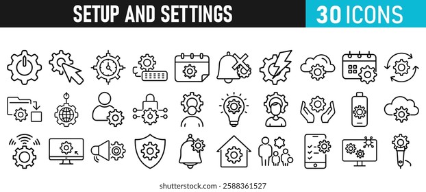Settings and setup icon set. Setup icons for web and mobile app in liner style. Settings, setup, fix, maintenance, update, options, control, solution Vector illustration