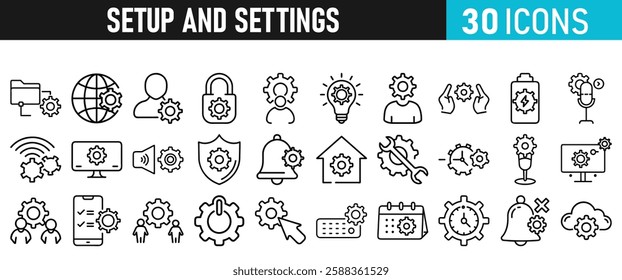Settings and setup icon set. Setup icons for web and mobile app in liner style. Settings, setup, fix, maintenance, update, options, control, solution Vector illustration