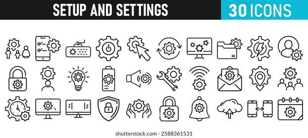 Settings and setup icon set. Setup icons for web and mobile app in liner style. Settings, setup, fix, maintenance, update, options, control, solution Vector illustration