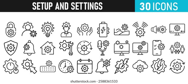 Settings and setup icon set. Setup icons for web and mobile app in liner style. Settings, setup, fix, maintenance, update, options, control, solution Vector illustration