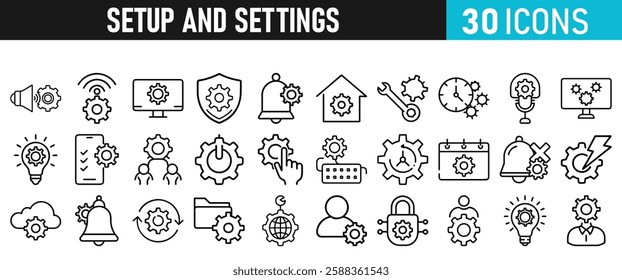 Settings and setup icon set. Setup icons for web and mobile app in liner style. Settings, setup, fix, maintenance, update, options, control, solution Vector illustration