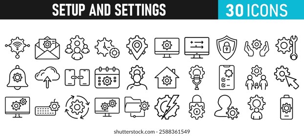 Settings and setup icon set. Setup icons for web and mobile app in liner style. Settings, setup, fix, maintenance, update, options, control, solution Vector illustration