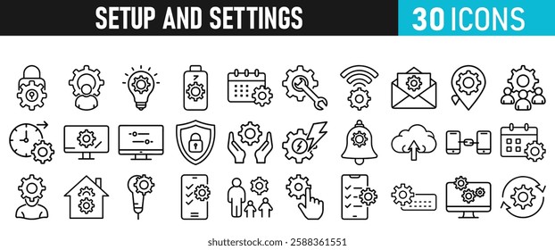 Settings and setup icon set. Setup icons for web and mobile app in liner style. Settings, setup, fix, maintenance, update, options, control, solution Vector illustration
