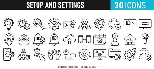 Settings and setup icon set. Setup icons for web and mobile app in liner style. Settings, setup, fix, maintenance, update, options, control, solution Vector illustration