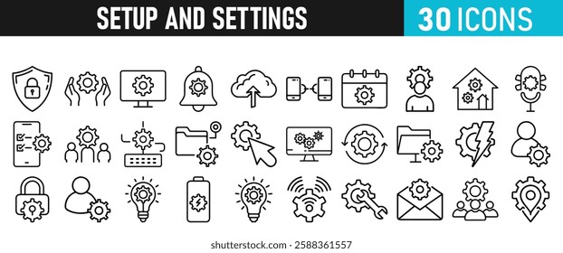 Settings and setup icon set. Setup icons for web and mobile app in liner style. Settings, setup, fix, maintenance, update, options, control, solution Vector illustration