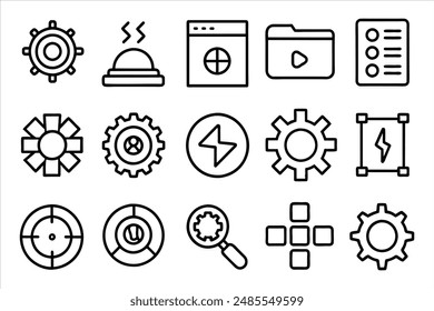 Settings or Setup outline icons with editable stroke collection. Includes Cogwheel, Web Development, Security, Customization, Preferences, and More.