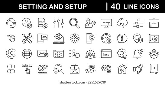 Settings and setup set of web icons in line style. Setup icons for web and mobile app. Settings, installation, maintenance, update, download, configuration, options, control. Vector illustration