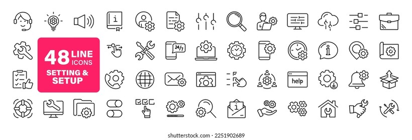 Settings and setup set of web icons in line style. Setup icons for web and mobile app. Settings, installation, maintenance, update, download, configuration, options, control. Vector illustration