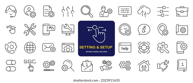 Settings and setup set of web icons in line style. Setup icons for web and mobile app. Settings, installation, maintenance, update, download, configuration, options, control. Vector illustration