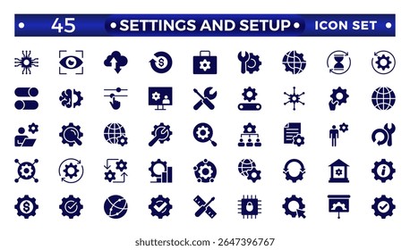 Settings and setup solid icon set. Containing options, configuration, preferences, adjustments, operation, gear, control panel, equalizer, optimization and setup icons. Solid icon collection.