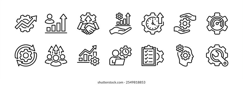 Settings and setup thin line icon set. Containing optimization, improvement, increasing cooperation in business, time management, work speed, maintenance, growth up, list job, development, progress