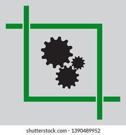 Settings sign illustration. Black icon inside green crop tool at light gray background