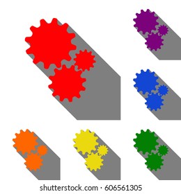 Settings sign illustration. Set of red, orange, yellow, green, blue and violet icons at white background with flat shadow.